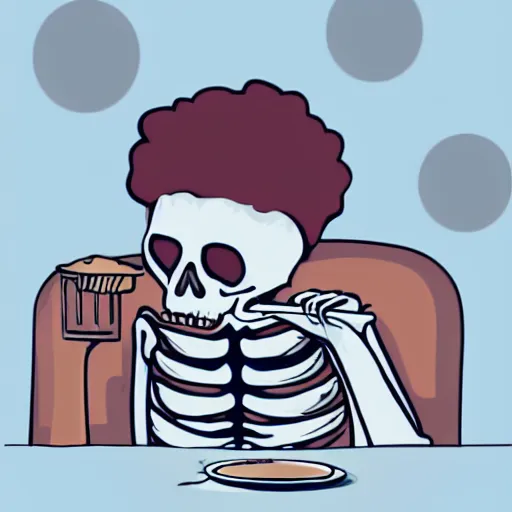 Prompt: skeleton eating breakfast