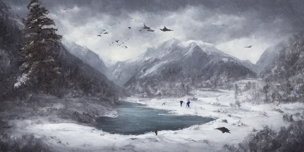 Image similar to A majestic landscape featuring a river, mountains and a forest. A small group of birds is flying in the sky. Harsh winter. very windy. There is a man walking in a deep snow.Camera is positioned behind the man. Cinematic, very beautiful, painting in the style of Lord of the rings