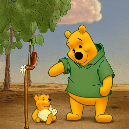 Prompt: Winnie the Pooh dressed as a scientist planting a lime in Ancient Rome, Digital art