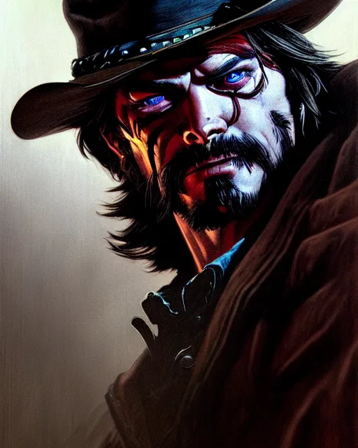 Prompt: mccree from overwatch, evil, crazed look in his eyes, character portrait, portrait, close up, concept art, intricate details, highly detailed, horror poster, horror, vintage horror art, realistic, terrifying, in the style of michael whelan, beksinski, and gustave dore