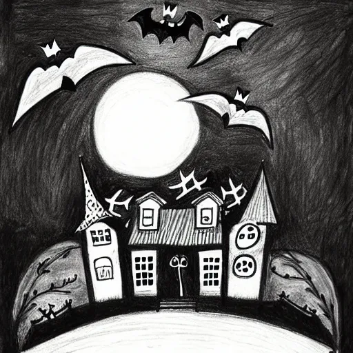 Prompt: halloween drawing by a child, haunted house, witch flying across the sky, full moon,