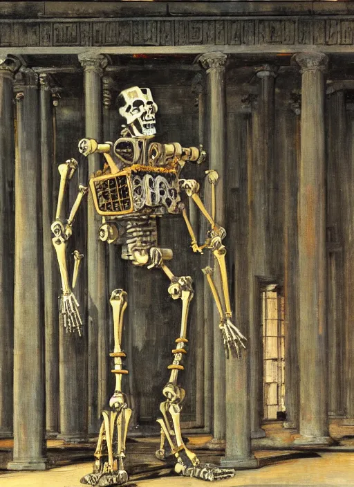 Prompt: a mecha robot inside a Greek temple filled with bones, Greek temple, Daguerrotype, Francis Bacon Painting