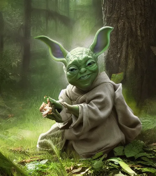 Image similar to 5 5 mm photo of a real life yoda in a forest. magical atmosphere. art by greg rutkowski. lifelike. very detailed 8 k. intricate. soft light. nikon d 8 5 0.