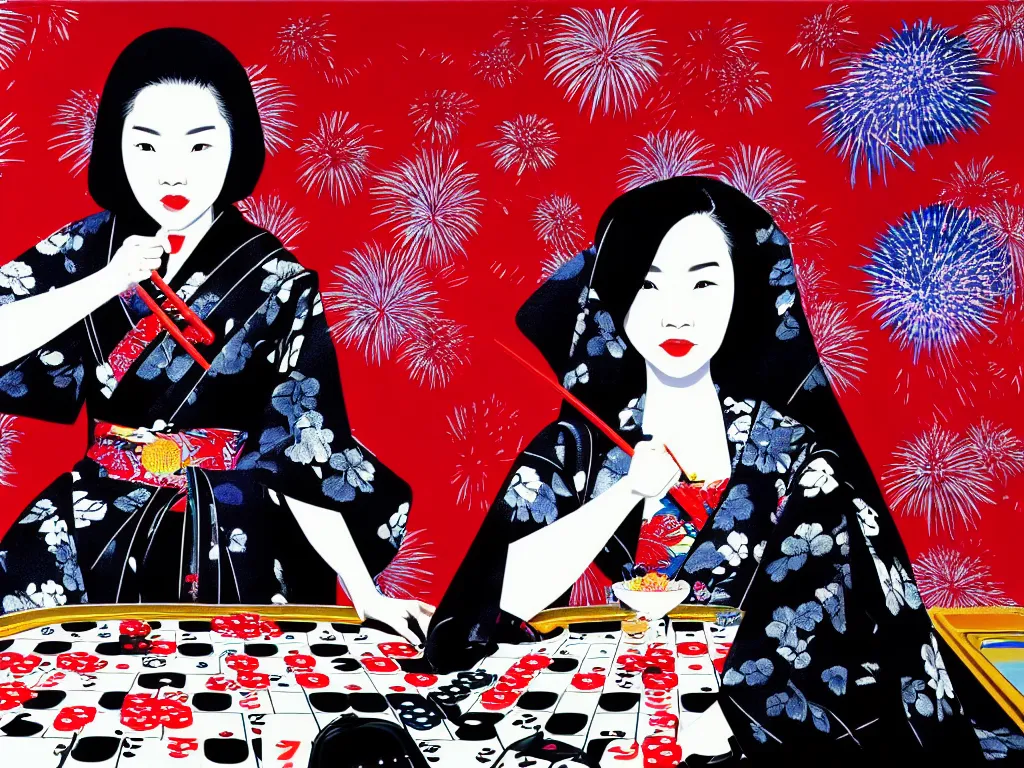 Image similar to hyperrealism composition of the detailed woman in a japanese kimono sitting at an extremely detailed poker table with darth vader, fireworks on the background, pop - art style, jacky tsai style, andy warhol style, acrylic on canvas