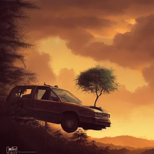 Image similar to low angle shot of tree growing inside scrap car in the foreground. overgrown. soft golden red sunset over the mountains in the background. clouds. detailed leaves. hyperrealistic, highly detailed, cinematic, beautiful, cgsociety, artstation, oil painting by greg rutkowski, by artgerm, by wlop