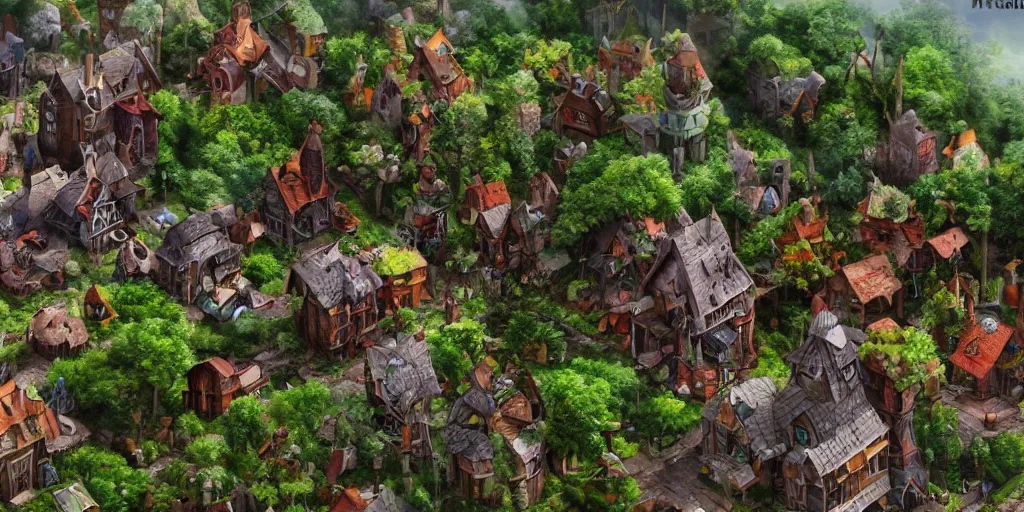 Prompt: Fantasy village built on PC motherboard, trees, green plants, broken parts, wooden houses, mold, tiny villagers, PC hardware, high quality, trending on artstation, highly detailed