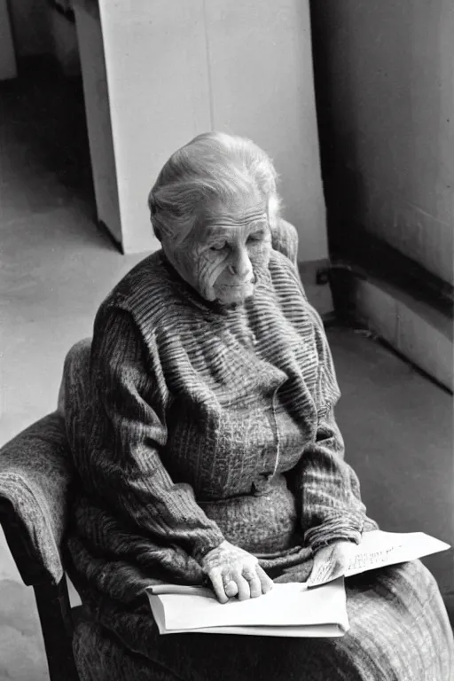 Prompt: an old lady sitting in a comfortable chair reading a letter, 1 9 5 0 s