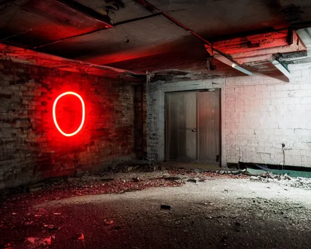 Image similar to An abandoned industial basement lit by a neon sign that says GAK, GAK sign, basement, cinematography by Robby Müller, GAK basement, industrial