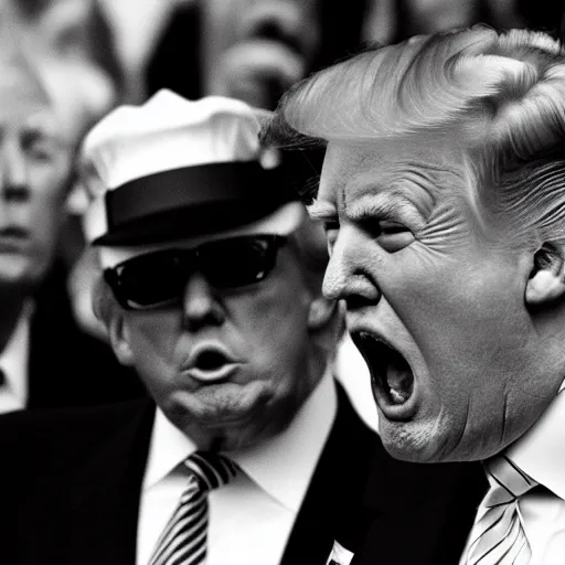 Prompt: Trump yelling at Trump, b&w photograph,