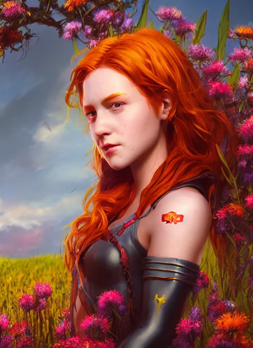 Prompt: An epic fantasy comic book style portrait painting of a young red headed girl with a tiny bright golden bee engraved on her shoulder in a field of flowers , unreal 5, DAZ, hyperrealistic, octane render, cosplay, RPG portrait, dynamic lighting