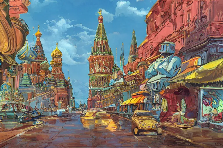 Prompt: moscow street view panoramic painting animation background art by ralph bakshi by chris sanders by disney lilo and stich