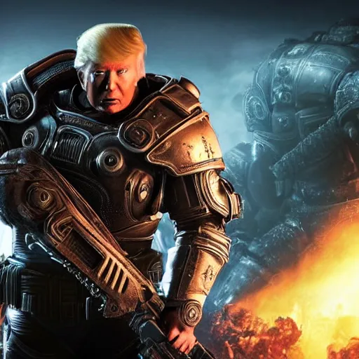 Image similar to Photo portrait of Donald Trump as Crusader!! in Gears of War, splash art, movie still, detailed face, photorealistic facial features, cinematic lighting, dramatic, octane render, long lens, shallow depth of field, bokeh, anamorphic lens flare, 8k, hyper detailed, 35mm film grain