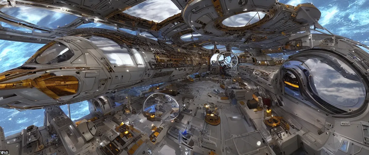 Image similar to a diy spaceship capable of warp speed, realistic appearance with lots of details like nuts and bolts, rusty parts in the hull. the engines are powered on and we see it from the bridge of a space station