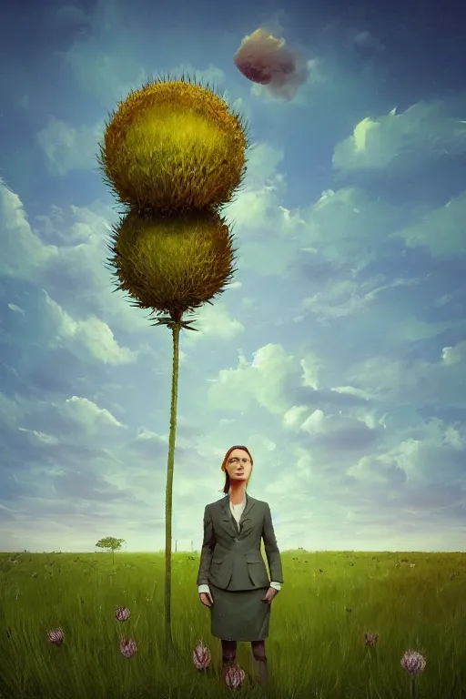 Prompt: portrait, enormous thistle flower under the head, girl in suit in field of a flowers, surreal photography, sunrise, blue sky, dramatic light, impressionist painting, digital painting, artstation, simon stalenhag