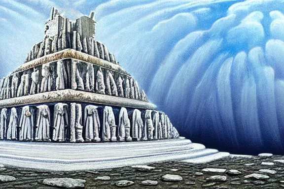 Prompt: the temple of truth is white, whole, holy and beautiful, but is surrounded by a crater of ruin and desolation. it's spire reaches up to the heavens and is topped with a gold statue. | painting by rob gonsalves. intricate detail. stark contrast. landscape painting. trending on artststion