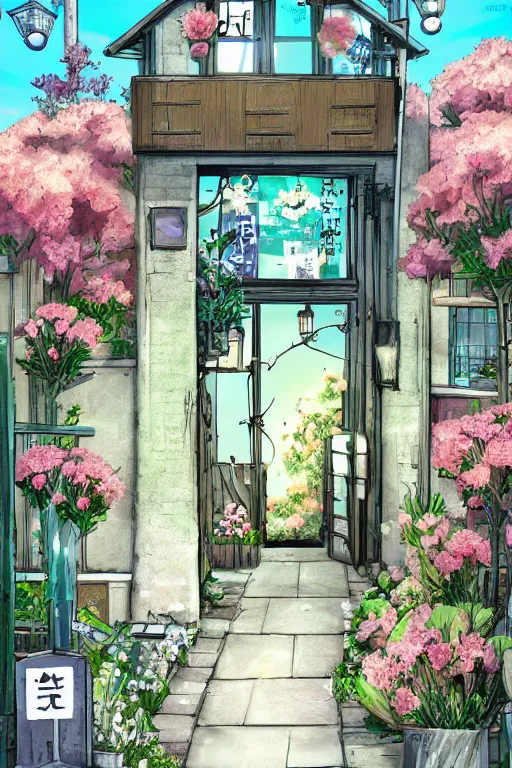 Prompt: a little flower shop's front gate, refreshing, digital illustration, dramatic lighting, pixiv