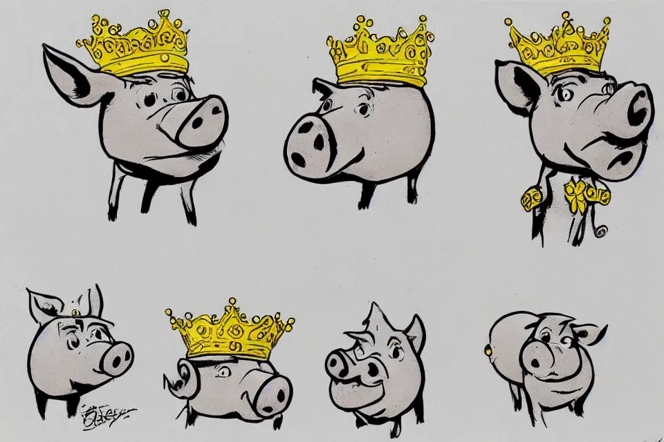 Prompt: concept sketches of a pig wearing a gold crown by Bill Watterson, in the style of 1970s cartoons