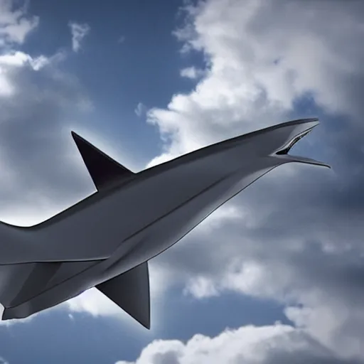 Image similar to air shark flying in the sky, metallic, shiny, chrome, clouds