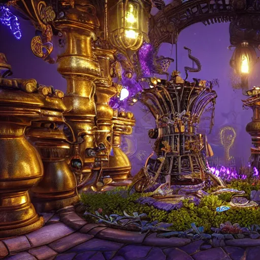 Prompt: The Steampunk sacred garden made of engraved full plate golden armor and gears, purple glow, Macro shot by Justin Gerard, unreal engine, physically based rendering