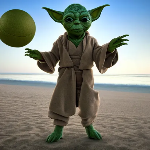 Prompt: stunning award winning hyperrealistic hdr 8 k highly detailed photo of yoda shirtless at the beach holding a volleyball