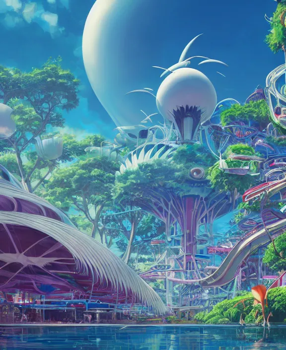 Image similar to simplicity, an amusement park made out of sleek organic creatures, in the style of an aerodynamic spaceship, overgrown with orchids, partly cloudy, sun - drenched, by dan mumford, yusuke murata, makoto shinkai, ross tran, cinematic, unreal engine, cel shaded, featured on artstation, pixiv