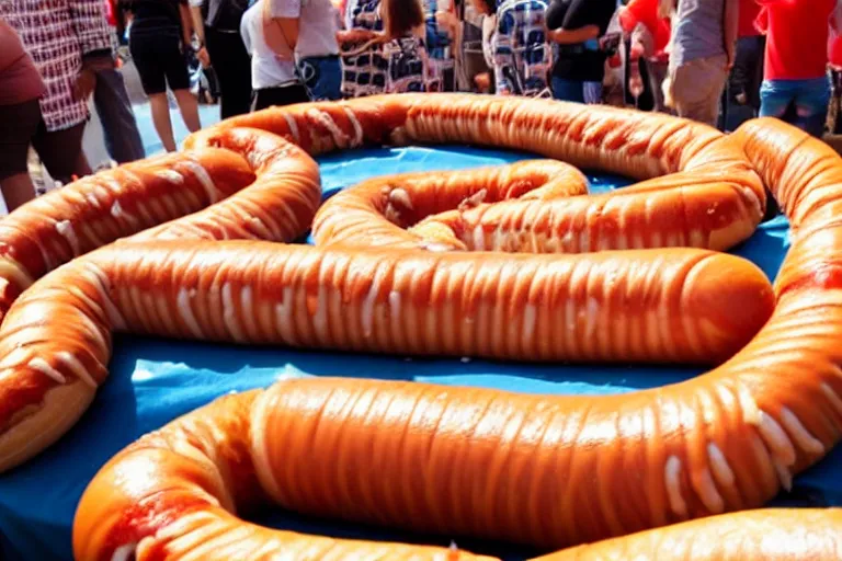 Prompt: a strangely coiled hotdog being grasped by thousands of hands