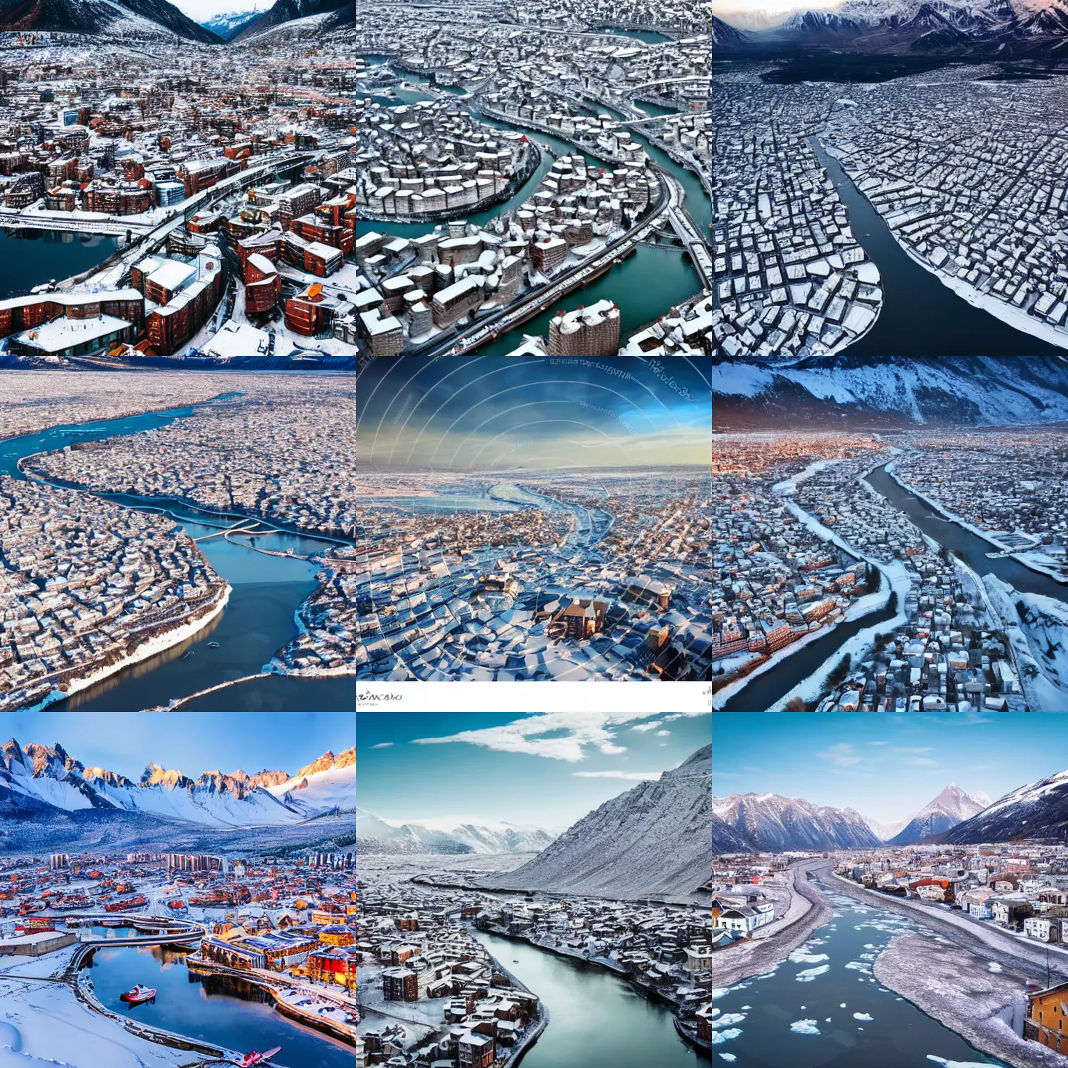 Prompt: beautiful city in a chilly tundra tundra nestled among mountains, modern dense urbanism, river, aerial photography, highly detailed