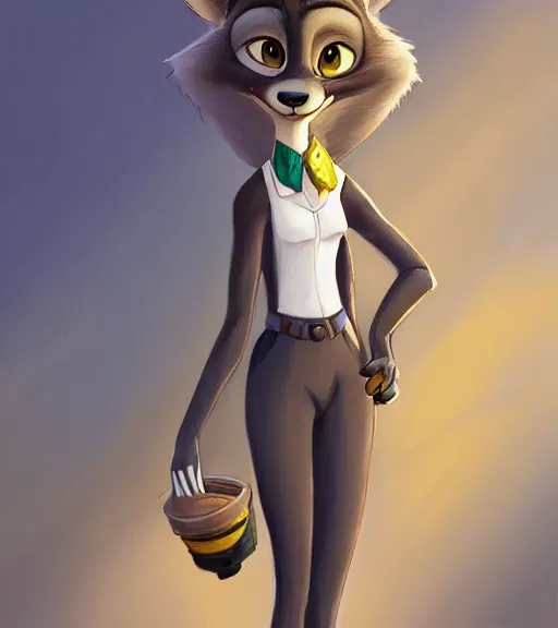 Image similar to oil painting of full body of anthromorphic female wolf, in style of zootopia, zootopia, zootopia, fursona, furry, furaffinity, 4 k, deviantart, furry art, fursona art, wearing black business suit, business suit, in style of zootopia, wolf fursona, cyberpunk, female, expressive detailed feminine face,