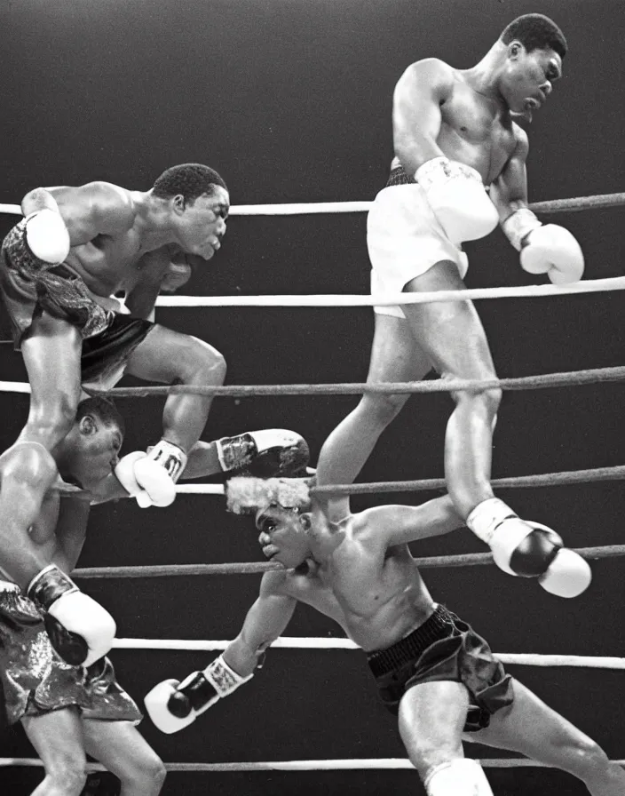 Prompt: boxing match, the moment of knockout in title bout, new heavy weight champion of the world, Ali stands over Sonny Liston first round knockout photographed by Neil Leifer