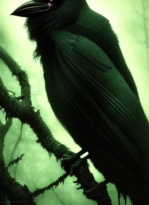 Image similar to side portrait dark crow (animal), close-up, fantasy forest landscape, moonshine, fantasy magic, nice black feather, proud, green dark light night, intricate, elegant, sharp focus, illustration, highly detailed, digital painting, concept art, matte, art by WLOP and Artgerm and Greg Rutkowski and Eddie Mendoza, masterpiece