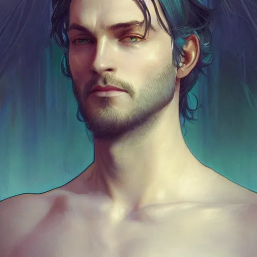 Image similar to Portrait of adult boy, blue hair flowing, green eyes, intricate, elegant, highly detailed, digital painting, artstation, concept art, smooth, sharp focus, illustration, art by artgerm and greg rutkowski and alphonse mucha