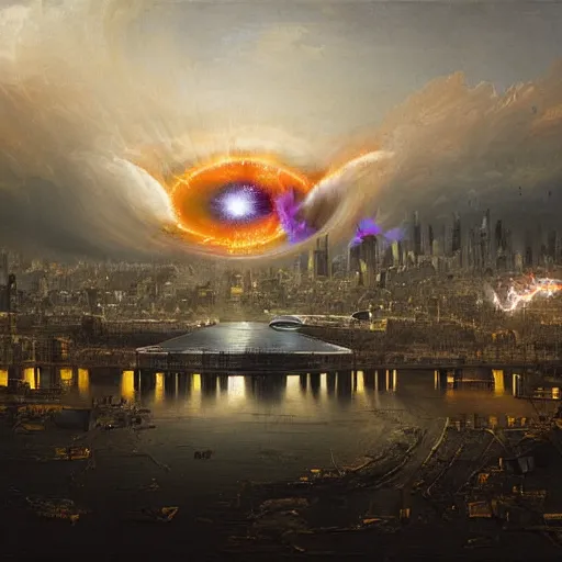 Prompt: black hole rising above city, city destroyed by shockwave, digital art, art by gonzalo fuenmayor, asher brown durand