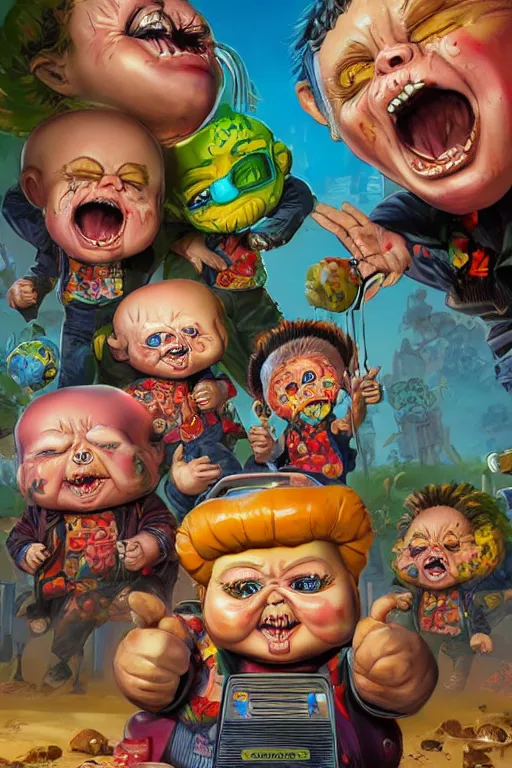 Prompt: Garbage Pail Kids by Simon Bisley, vivid colors, high details, cinematic, 8k resolution, beautiful detailed, photorealistic, digital painting, artstation, concept art, smooth, sharp focus, illustration, fantasy background, artstation trending, octane render, unreal engine