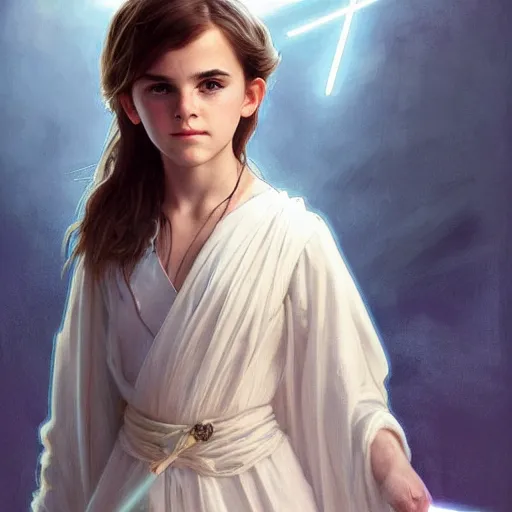 Image similar to perfectly - centered - portrait of a kid looking like young emma watson wearing white cloak holding light saber, intricate, highly detailed, digital painting, artstation, concept art, smooth, sharp focus, illustration, unreal engine 5, 8 k, art by artgerm and greg rutkowski and alphonse mucha