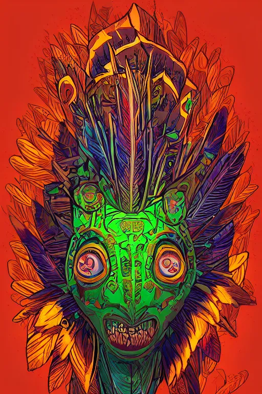 Image similar to totem animal tribal chaman vodoo mask feather gemstone plant wood rock video game illustration vivid color borderlands by josan gonzales and dan mumford radiating a glowing aura