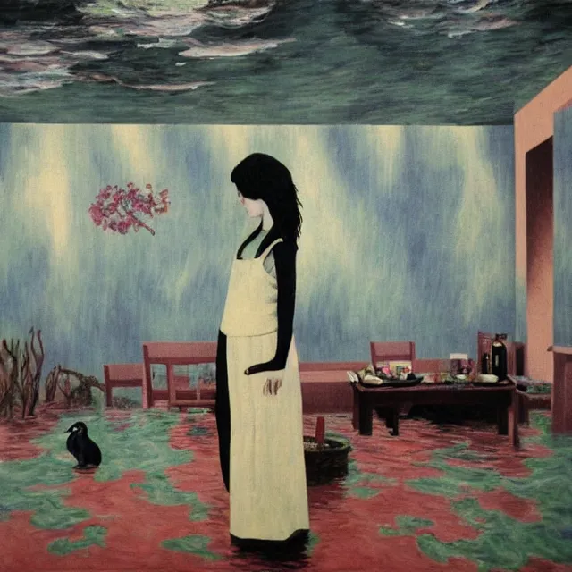 Image similar to tall female emo artist in her flooded kitchen, water gushing from ceiling, painting of flood waters inside an artist's home, a river flooding indoors, pomegranates, pigs, ikebana, zen, water, octopus, river, rapids, waterfall, black swans, canoe, berries, acrylic on canvas, surrealist, by magritte and monet