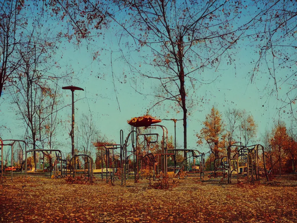 Image similar to a lomographic photo of abandoned playground of moscow, autumn, cinestill, bokeh