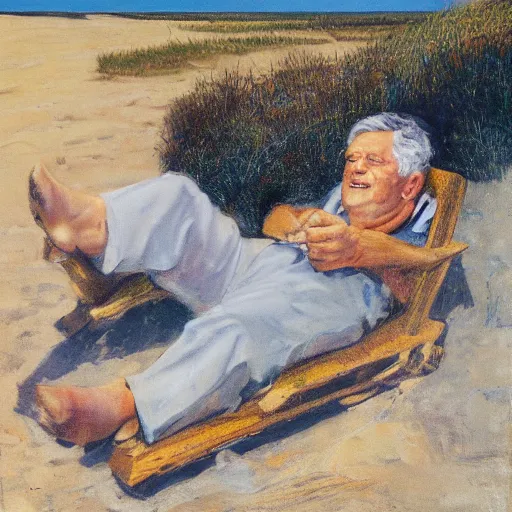 Image similar to portrait of john f kennedy, wrinkled, grey hair, handsome, hawaiian shirt, sitting in chair, landscape of nantucket beach, dunes, ocean, bluff, oil on canvas by william sidney mount - 1 9 8 2, trending on artstation