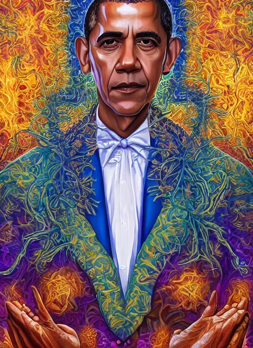 Image similar to beautiful oil painting, full length portrait of Barack Obama in coronation robes 1701, Dan Mumford, Dan Mumford, Alex grey, Alex grey, highly detailed , lsd visuals, dmt fractal patterns, hallucinogen, visionary art, psychedelic art, ornate, vaporwave, baroque