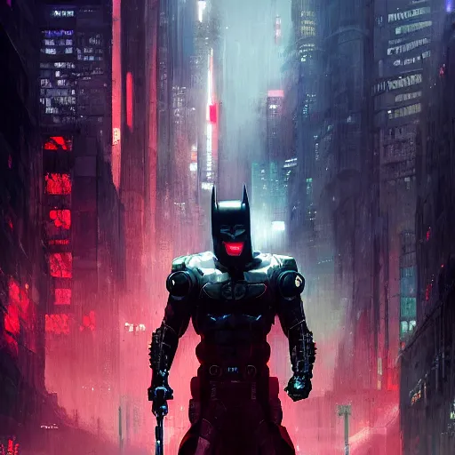 Image similar to cyberpunk batman with red logo, moody, futuristic, city background, brush strokes, oil painting, greg rutkowski