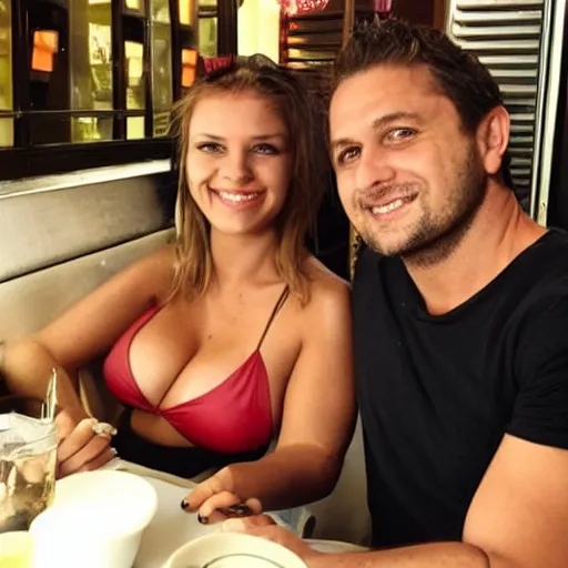 Image similar to photo of a 4 0 year old man that looks young for his age dating a very attractive 2 2 year old woman wearing a bikini. they are are in a restaurant.