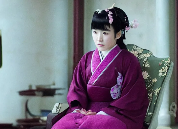 Image similar to a film still of a japanese princess young lady called kamisato ayaka, with white hair and bangs!!!! in the grand budapest hotel ( 2 0 1 4 )