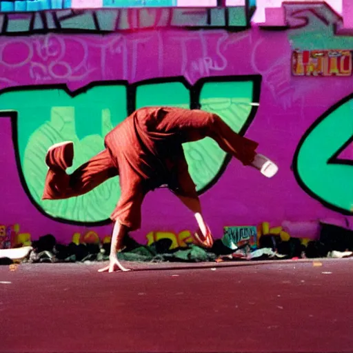 Image similar to 1990s candid photography of ugly dork wearing a fez hat breakdancing in public, cinematic, film grain, ultraviolet graffiti on walls