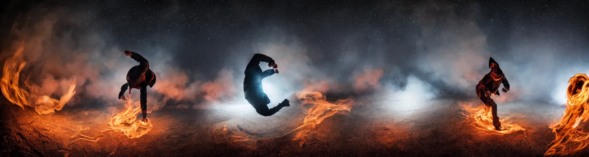 Image similar to fisheye slow motion with trail fire effect of break dancer wearing long dark cloak, Giant A letter emitting fire, long exposure shot , enigmatic, at night in the middle of the arctic, paddle of water, steam, fog, water splashes, rim lights, glossy reflections, water droplets on lens, octane render, Volumetric dynamic lighting, stunning cover magazine, high details,