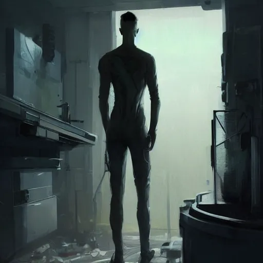 Image similar to concept art by greg rutkowski, very tall and slender young man waking up in a hospital bed, futuristic and high - tech setting but desolate and dimly lit, scifi, highly detailed portrait, digital painting, artstation, concept art, smooth, sharp foccus ilustration, artstation hq