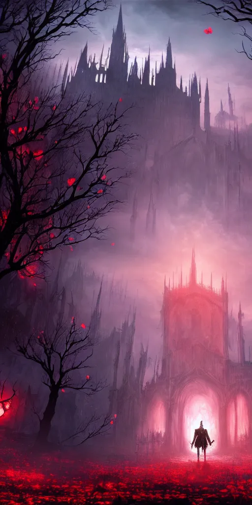 Image similar to abandoned bloodborne old valley with a person at the centre and a ruined gothic city at the end, trees and stars in the background, falling red petals, epic red - orange moonlight, perfect lightning, wallpaper illustration by niko delort and kentaro miura, 4 k, ultra realistic