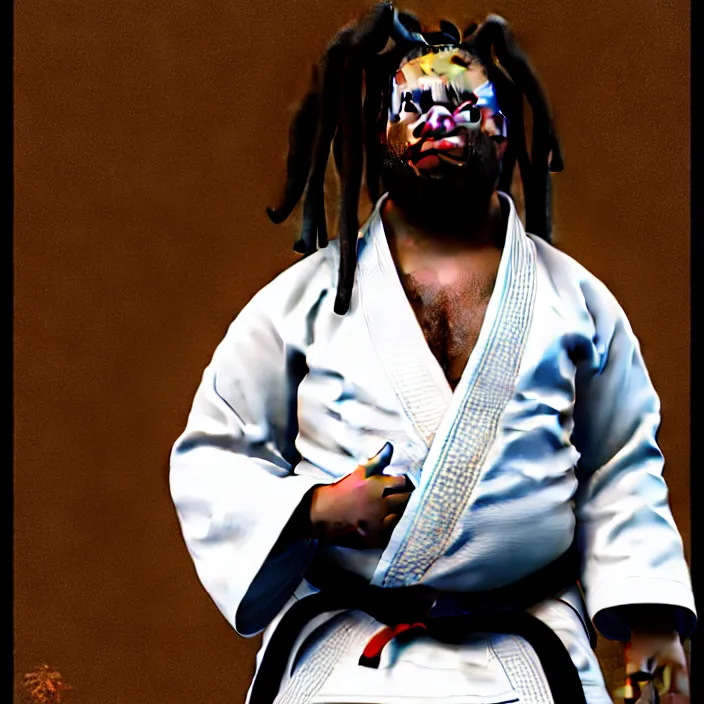 Image similar to hyperrealistic mixed media portrait of an overweight black man with dreads wearing a gi, doing martial arts, 8 k octane beautifully detailed render, post - processing, extremely hyperdetailed, trending on artstation