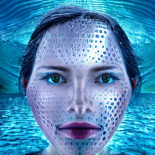 Image similar to water artwork manipulation in the shape of a human head, on the ocean water, futuristic, neon, magma, ray tracing, realistic water sharp focus, long shot, 8 k resolution, cinematic, surreal water art