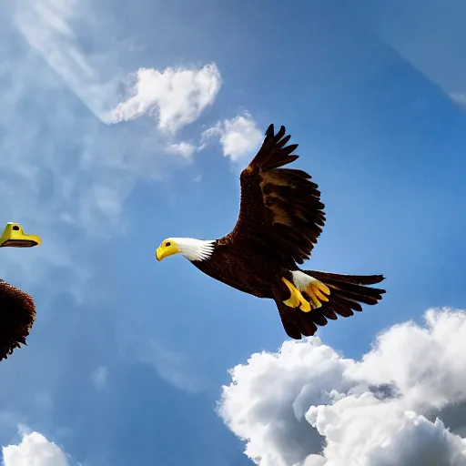 Image similar to cinematic photo of a giant eagle snatching away the oregon duck mascot with its talons. the eagle is lifting the duck into the sky. camera is looking up at the subject in the sky with fancy clouds behind