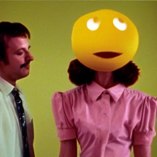 Image similar to still from a 1994 arthouse film about a depressed woman dressed as an inflatable smiley who meets a handsome younger man in a seedy motel room, color film, 16mm soft light, weird art on the wall